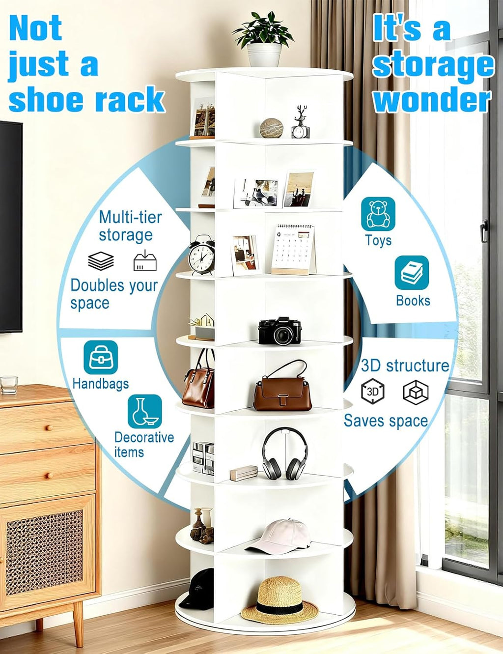 8 Tier Rotating Shoe Rack Tower, Spinning Shoe Organizer Rotating Shelf, Space-Saving 360° Revolving Shoe Rack Storage Round Carousel for Entryway, Closet & Bedroom (Shoe Rack 01)