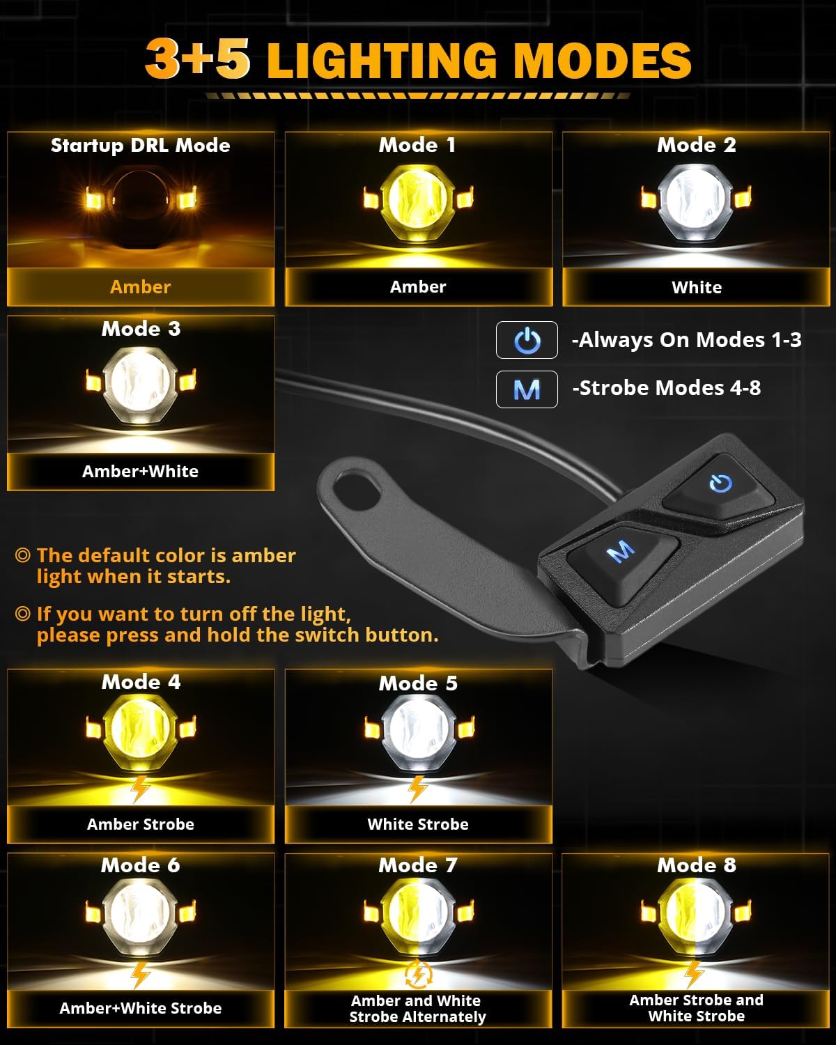 Auxbeam Motorcycle LED Fog Lights Auxiliary Lights Driving Light Spotlights 8 Modes White/Amber Dual Color Strobe Switchback 3 Inch 120W LED Offroad Work Light for Motorcycle ATV UTV Trucks - 2Pcs