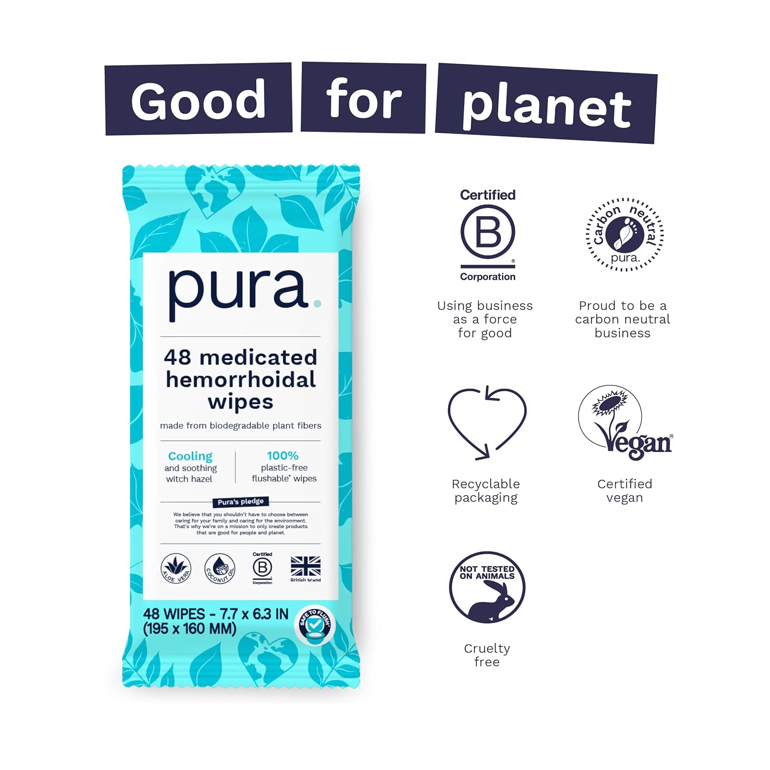 Pura XL Flushable Medicated Wipes for Hemorrhoid Relief, Extra-Large, Fragrance-Free Wet Wipes with Witch Hazel, Coconut Oil & Aloe, Skin Soothing, 96 Wipes (2 Packs)