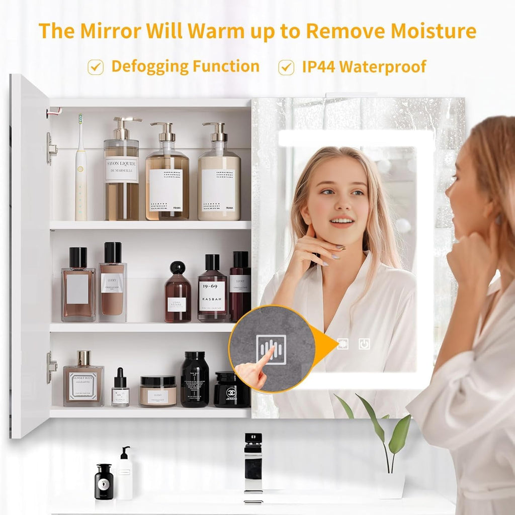 Snughome Bathroom Medicine Cabinet with Mirror and LED Lights, Wall Mount Bathroom Mirror with Storage, Anti-Fog, Built-in Power Outlets, Dimmable 3 Color Temp, Antirust Easy to Install, 31.5" x 23.6"