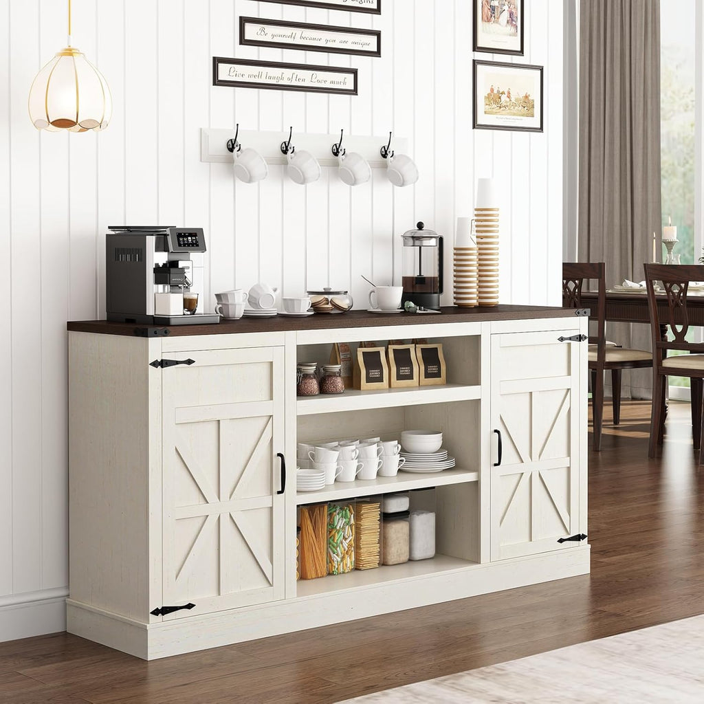Hlivelood 66" Farmhouse TV Stand with Power Outlets for 75 Inch TVs, 33" Tall Entertainment Center with Storage Cabinets w/Adjustable Shelves, Rustic Large TV Media Console, Rustic White