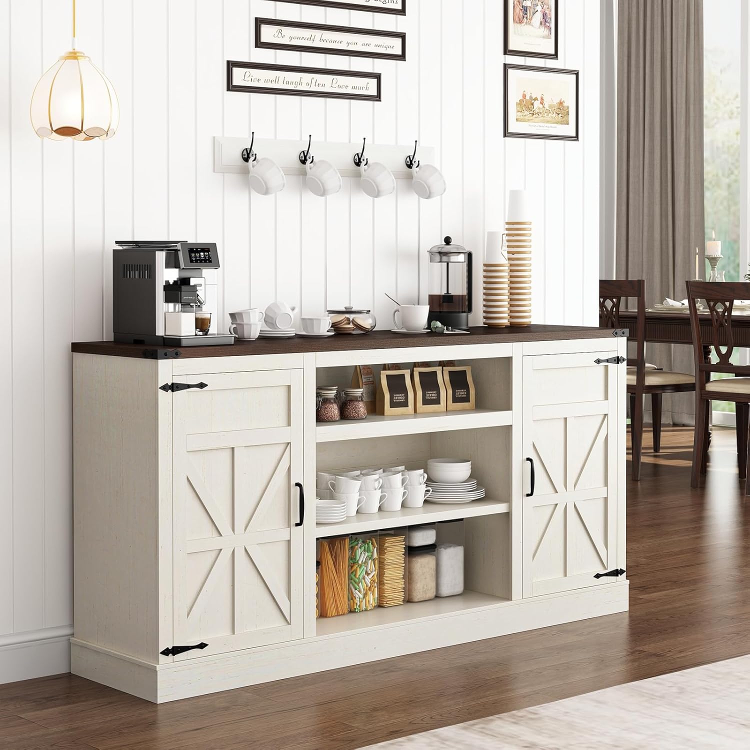 Hlivelood 66" Farmhouse TV Stand with Power Outlets for 75 Inch TVs, 33" Tall Entertainment Center with Storage Cabinets w/Adjustable Shelves, Rustic Large TV Media Console, Rustic White
