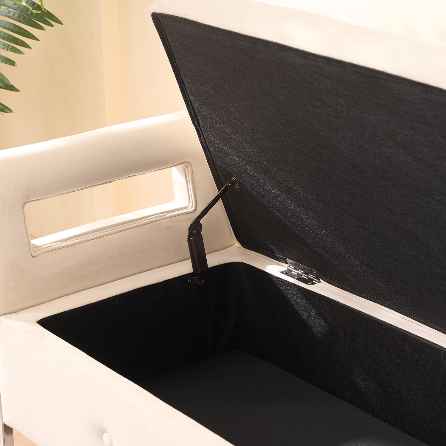 GDFStudio Velvet Storage Bench with Hidden Compartment - Upholstered Ottoman for Entryway, Bedroom, Living Room - Soft Foam Cushion, Sturdy Silver Metal Legs, Easy Assembly - Beige Storage Seat