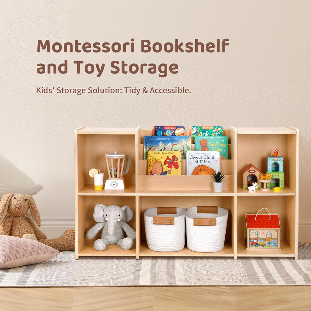OOOK Montessori Bookshelf and Toy Storage Organizer, 2-Tier Horizontal Bookshelf, 5-Compartment Toy Storage Cabinet with Book Rack, Ideal Choice for Kids Classroom Organizer, Playroom and Daycare