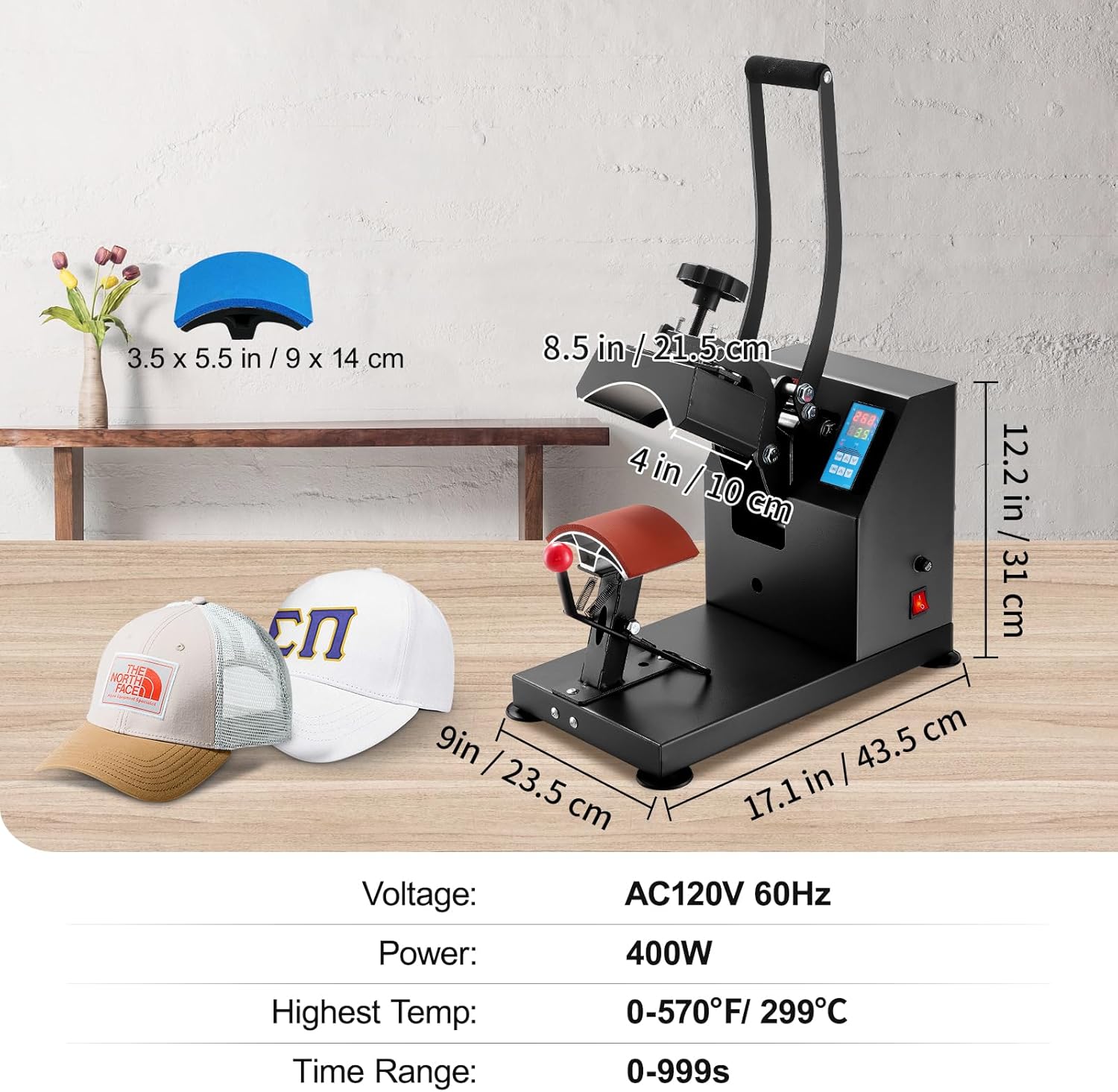 VEVOR Heat Press 6x3.75Inch Curved Element Hat Press Clamshell Design Heat Press for Hats Rigid Steel Frame No Stick Digital LCD Timer and Temperature Control (6x3.75Inch Clamshell Design)