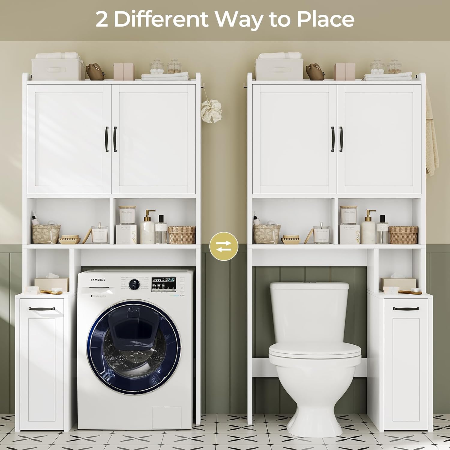 UPOSOJA Over The Toilet Storage Cabinet with Pulley Small Bathroom Storage Cabinet, Space Saver W/Adjustable Shelf & Open Shelf for Bathroom, Restroom, Laundry (White)