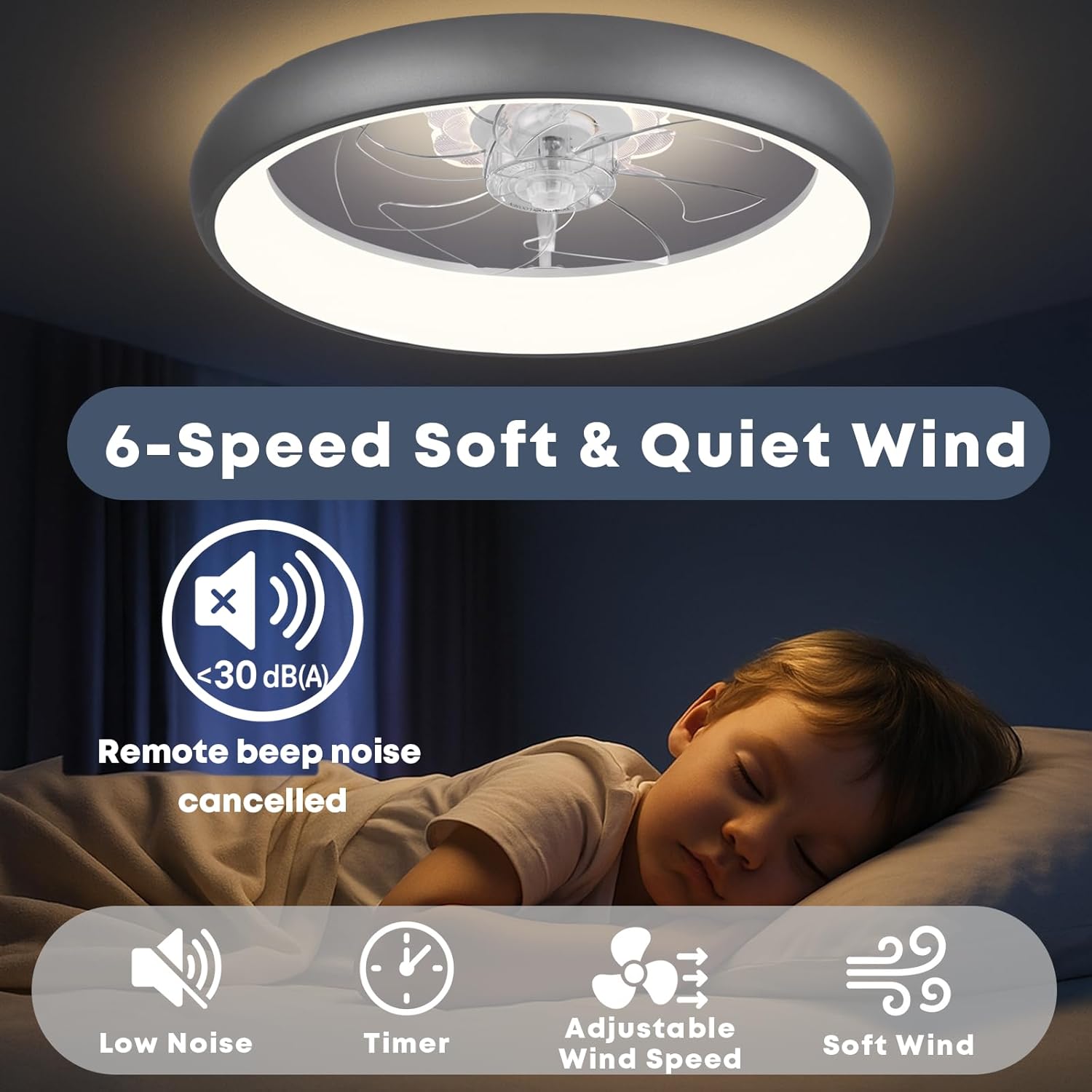 Fszdorj 20'' Ceiling Fan with Light, Upgraded Low Profile Fan, Flush Mount Ceiling Fan, 6 Speeds, Dimmable LED, App & Remote Control, Quiet DC Motor, for Bedroom, Living Room, F109 Grey