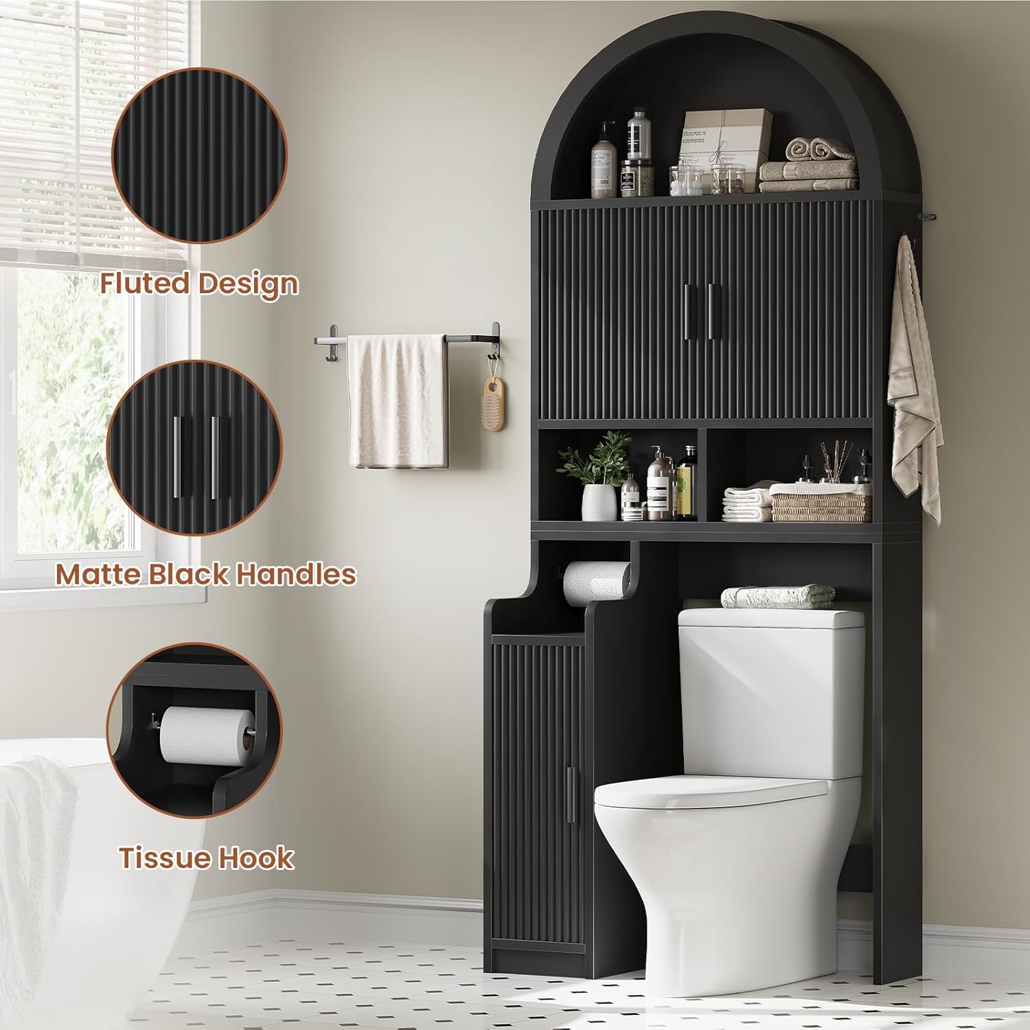 Itaar Arched Over The Toilet Storage Cabinet, 78.7" H Fluted Bathroom Organizer with Reversible Side Cabinet, Adjustable Shelves, Anti-Tipping, Hooks & Paper Holder for Bathroom Laundry Room, Black