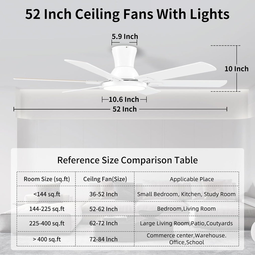 52 Inch White Ceiling Fans with Lights and Remote,Flush Mount Low Profile 6 Blades Ceiling Fan with 10 Inch Lighting Fixture,Quiet Reversible DC Motor for Living Room,Bedroom and Patio
