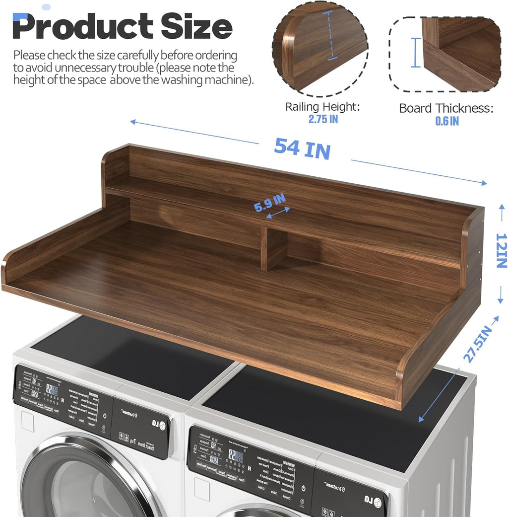 2-Tier Washer and Dryer Countertop with 2.75" H Guard,54" W x 27.5" D Laundry Countertop Cover with Non-Slip Pad,Large Space Laundry Topper for Folding Clothes Over Washer and Dryer-Dark Walnut