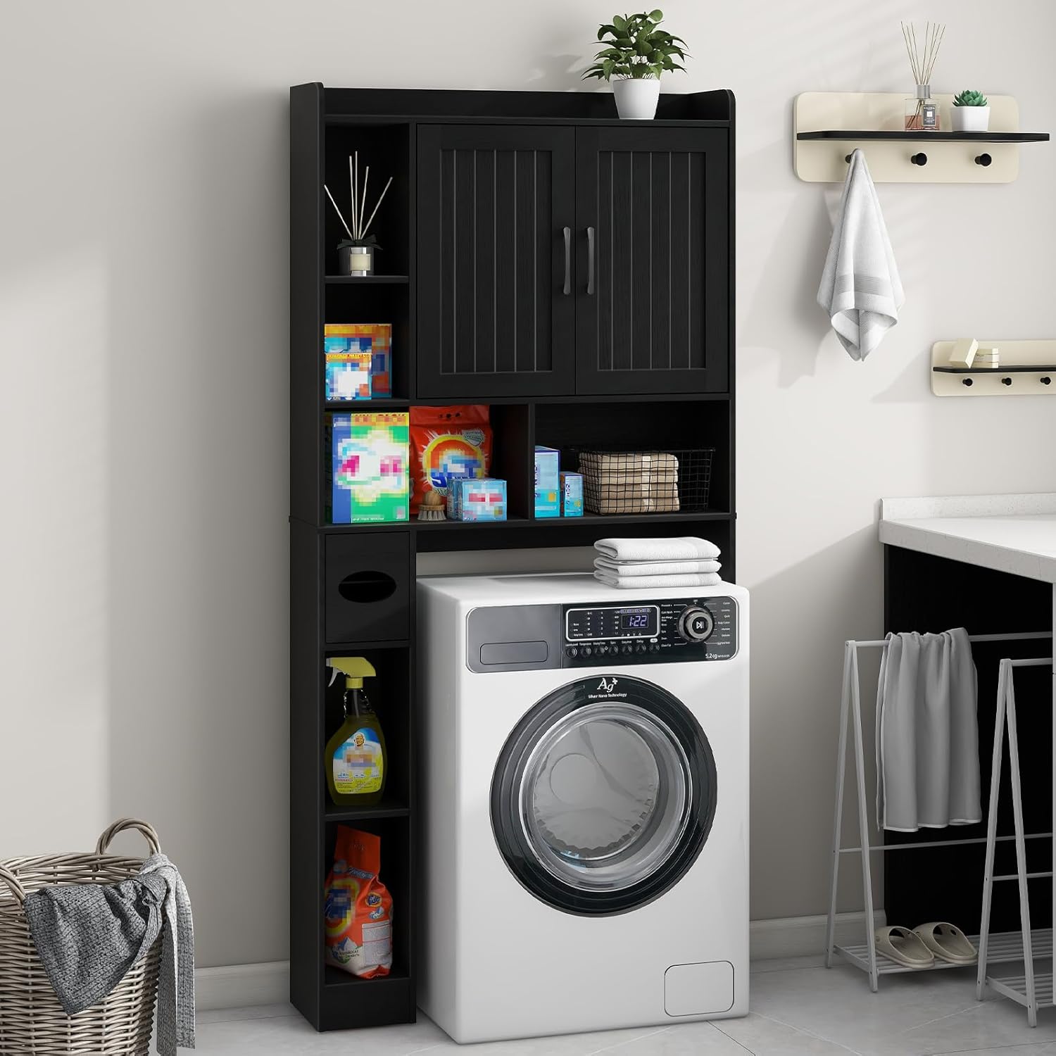 Vabches Over The Toilet Storage Cabinet, Farmhouse Storage Cabinet Over Toilet with Barn Door, Home Space-Saving Toilet Rack, for Bathroom, Restroom, Laundry（Black）.