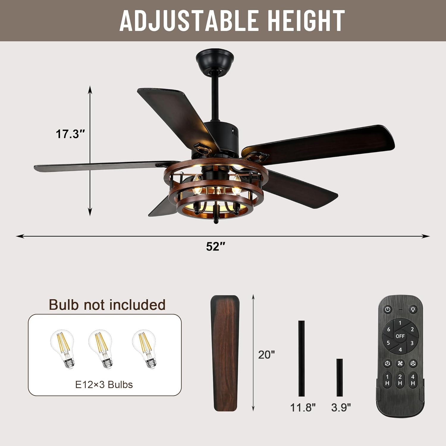 52" Ceiling Fan with Lights and Remote,Industrial Farmhouse Ceiling Fan with Adjustable Wood Grain Iron Cage,5 Reversible Dual-Color Blades,DC Quiet Motor,6 Speeds,Timer for Bedroom Living Room