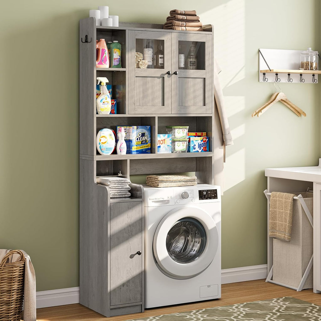 Itaar Over The Toilet Storage Cabinet, Over Toilet Bathroom Organizer with Glass Doors & Toilet Paper Holder Stand, Home Space-Saving Toilet Rack, for Bathroom, Restroom, Laundry, Grey
