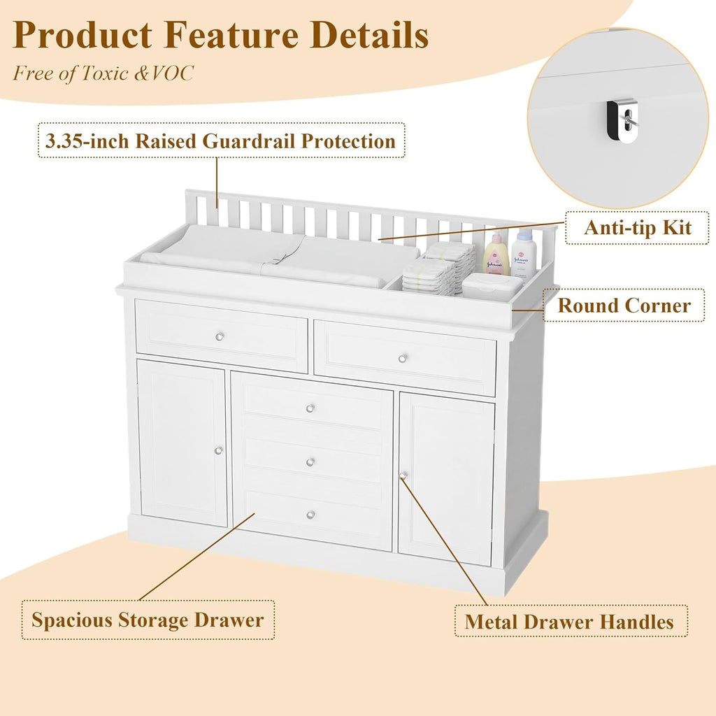 Timechee 46“ Baby Dresser with Changing Table Top, White Dresser with Storage Drawers and Doors for Nursery, Multifunctional Nursery Baby Changing Table Dressers, Diaper Station Cabinet for Kids Room