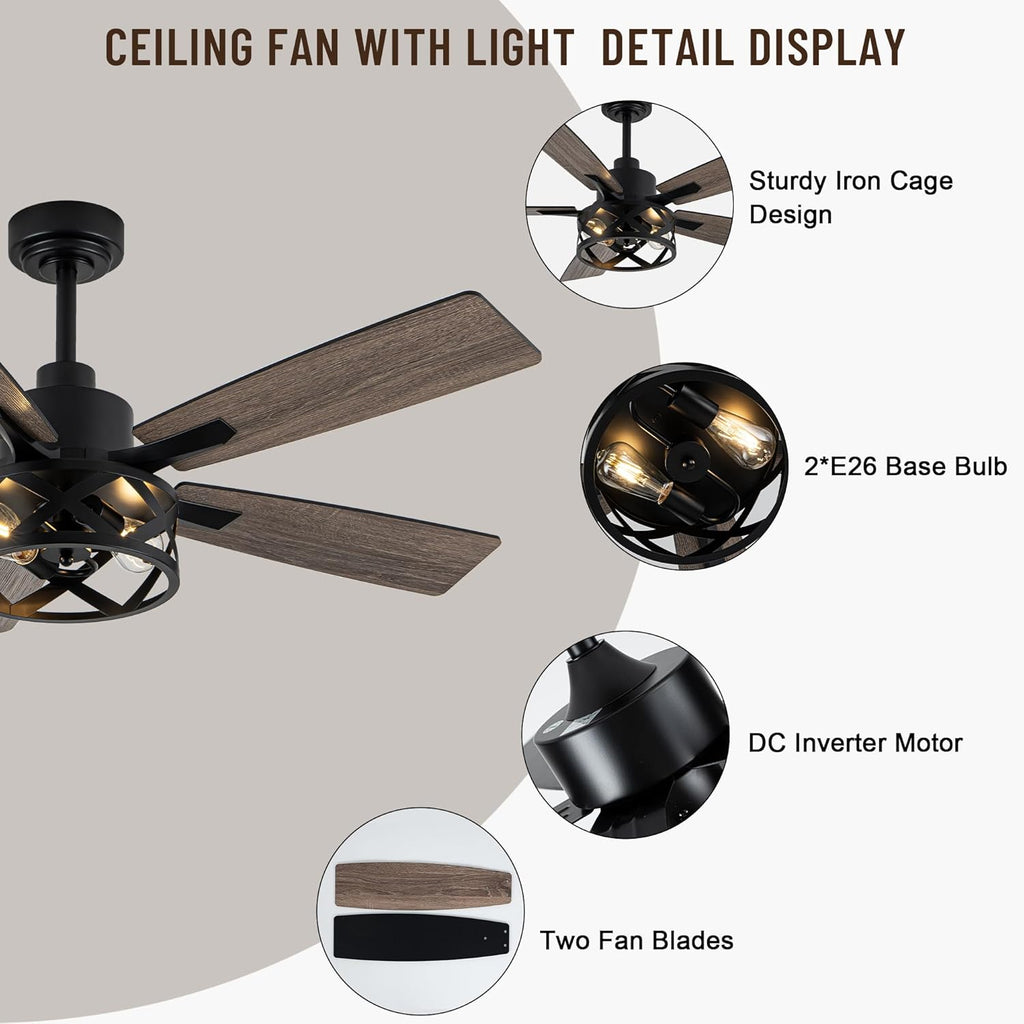 52" Farmhouse Ceiling Fan with Lights and Remote,Ceiling Fan with Caged Rustic Light Fixture,Reversible DC Motor,5 Double Finish Wood Blades for Patio,Living Room,Dining Room,Bedroom