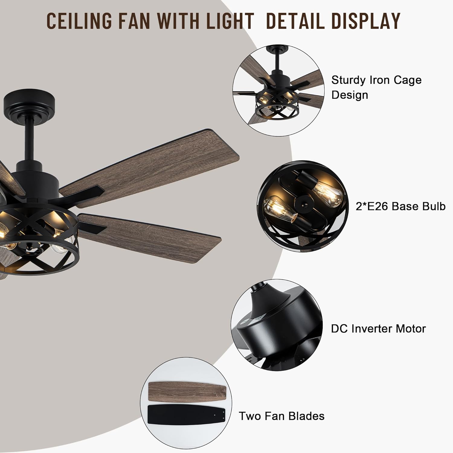 52" Farmhouse Ceiling Fan with Lights and Remote,Ceiling Fan with Caged Rustic Light Fixture,Reversible DC Motor,5 Double Finish Wood Blades for Patio,Living Room,Dining Room,Bedroom