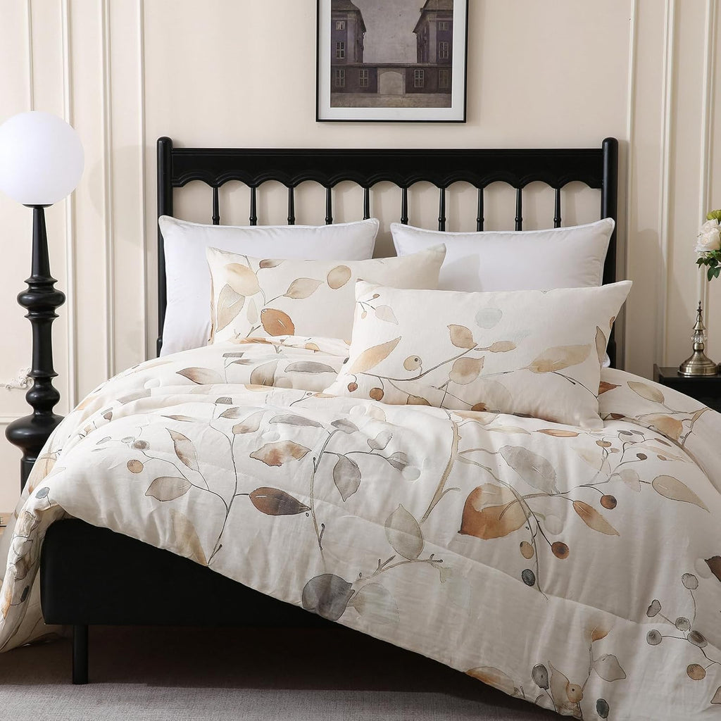 Merryword Linen Leaves Comforter Set Queen Size 3 Pieces Natural French Flax Linen Bedding Soft Breathable Moisture Wicking Comfy