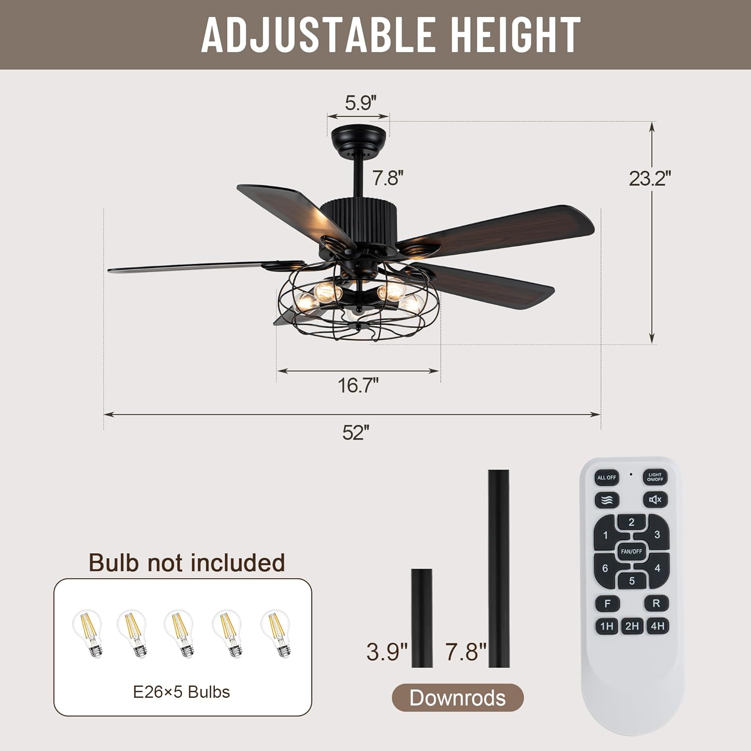 52" Farmhouse Ceiling Fans with Lights and Remote,Industrial Caged Rustic Retro Chandelier Ceiling Fan with Reversible Motor,5 Double Colour Blades for Dining Room Living Room Bedroom