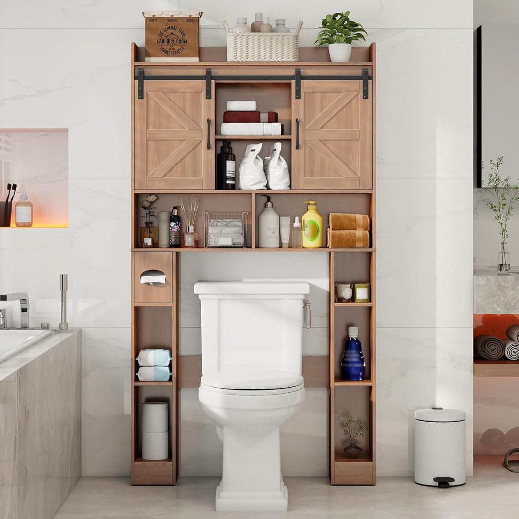 Vabches Farmhouse Storage Cabinet Over Toilet with Sliding Doors, Home Space-Saving Toilet Rack, Over The Toilet Storage Cabinet, Open Storage Shelf, for Bathroom, Laundry, Restroom.Walnut