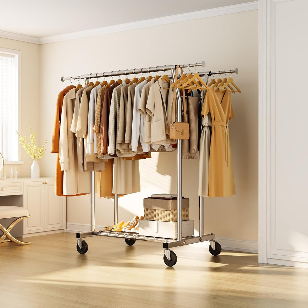 HYSEYY Heavy Duty Clothes Rack, Rolling Clothing Rack for Hanging Clothes with Shelves Load 700LBS,Portable Garment Wardrobe Closet Rack with Wheels for Bedroom,Laundry Room,Retail Store,Silver