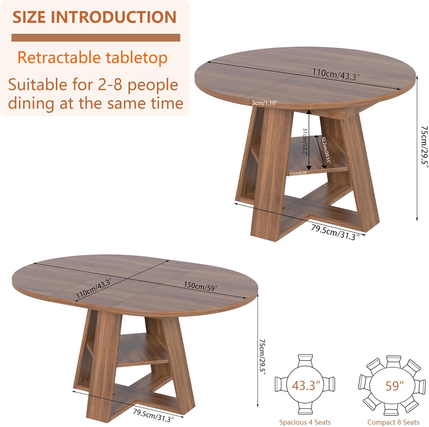 43.3in-59in Extendable Round Dining Table for 4-8,Modern Kitchen Oval Dining Table with Removable Leaves Space Saving,Wood Base with Storage Shelf for Kitchen Living Room (Walnut)