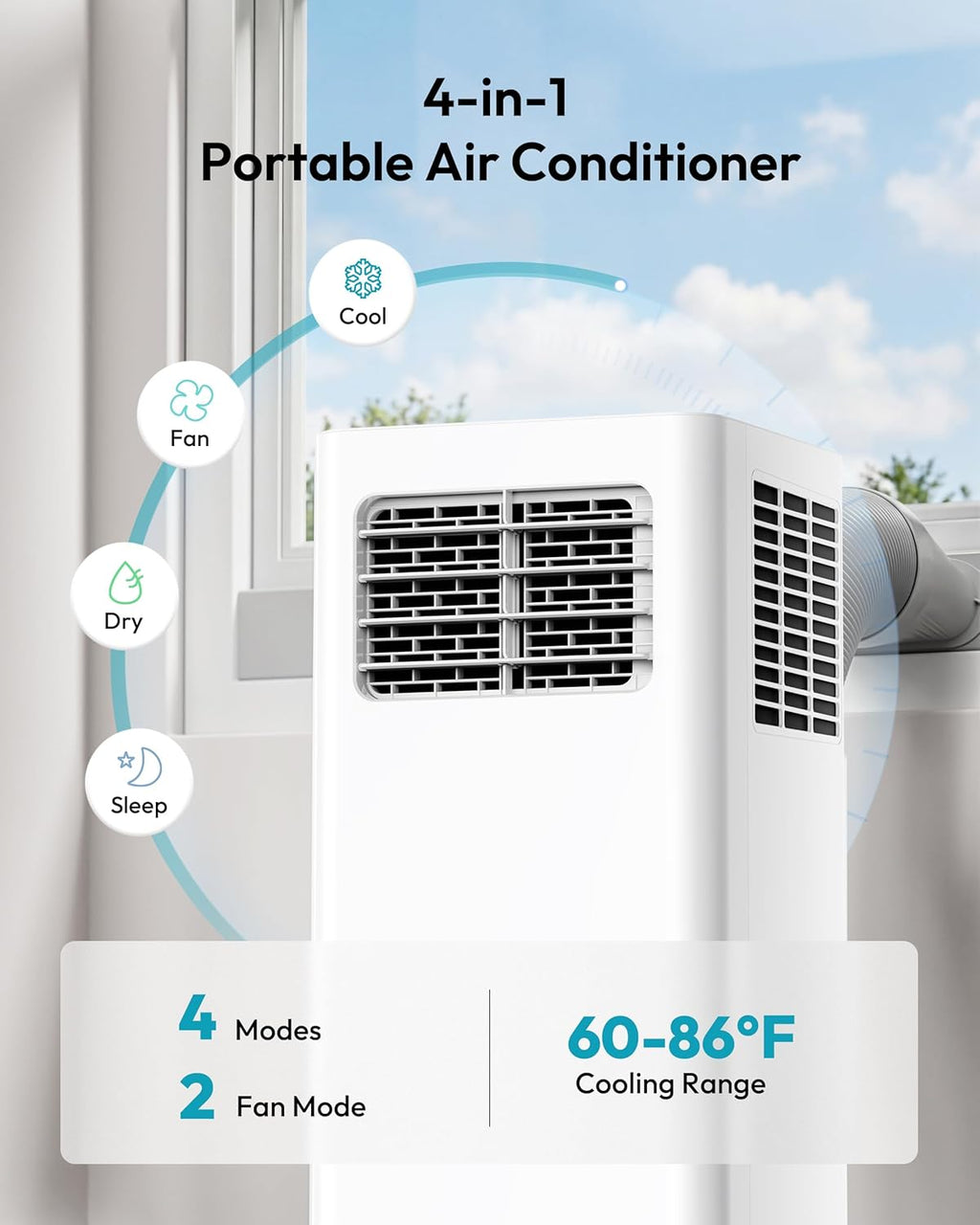 EUHOMY 8,000 BTU Portable Air Conditioners, 4-in-1 Air Conditioner Portable Up to 350 Sq.Ft., Portable AC Unit with Cool, Fan, Dehumidifier, Sleep, 24H Timer, Remote & Installation Kit, for Bedroom