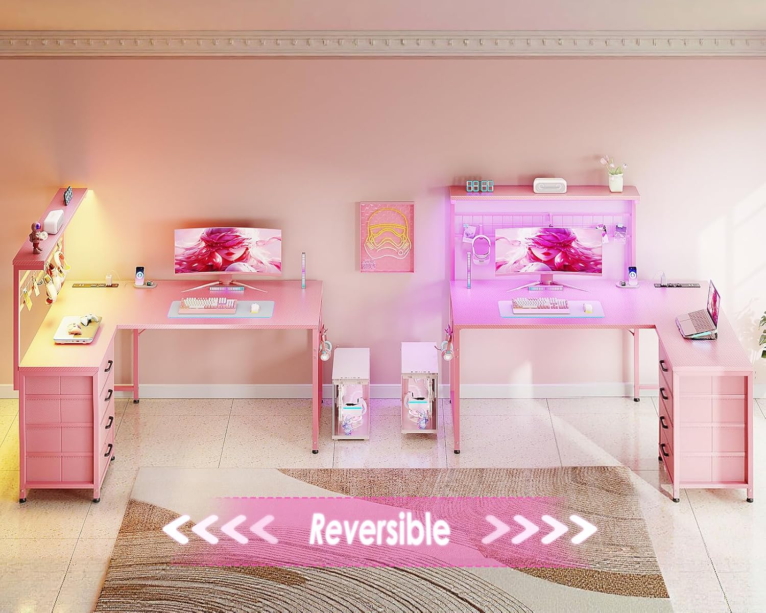 MOTPK L Shaped Gaming Desk with Drawers & LED Light & Power Outlet, 43" Reversible Computer Table with Shelves & Hooks for Home Office, Carbon Fiber Pink