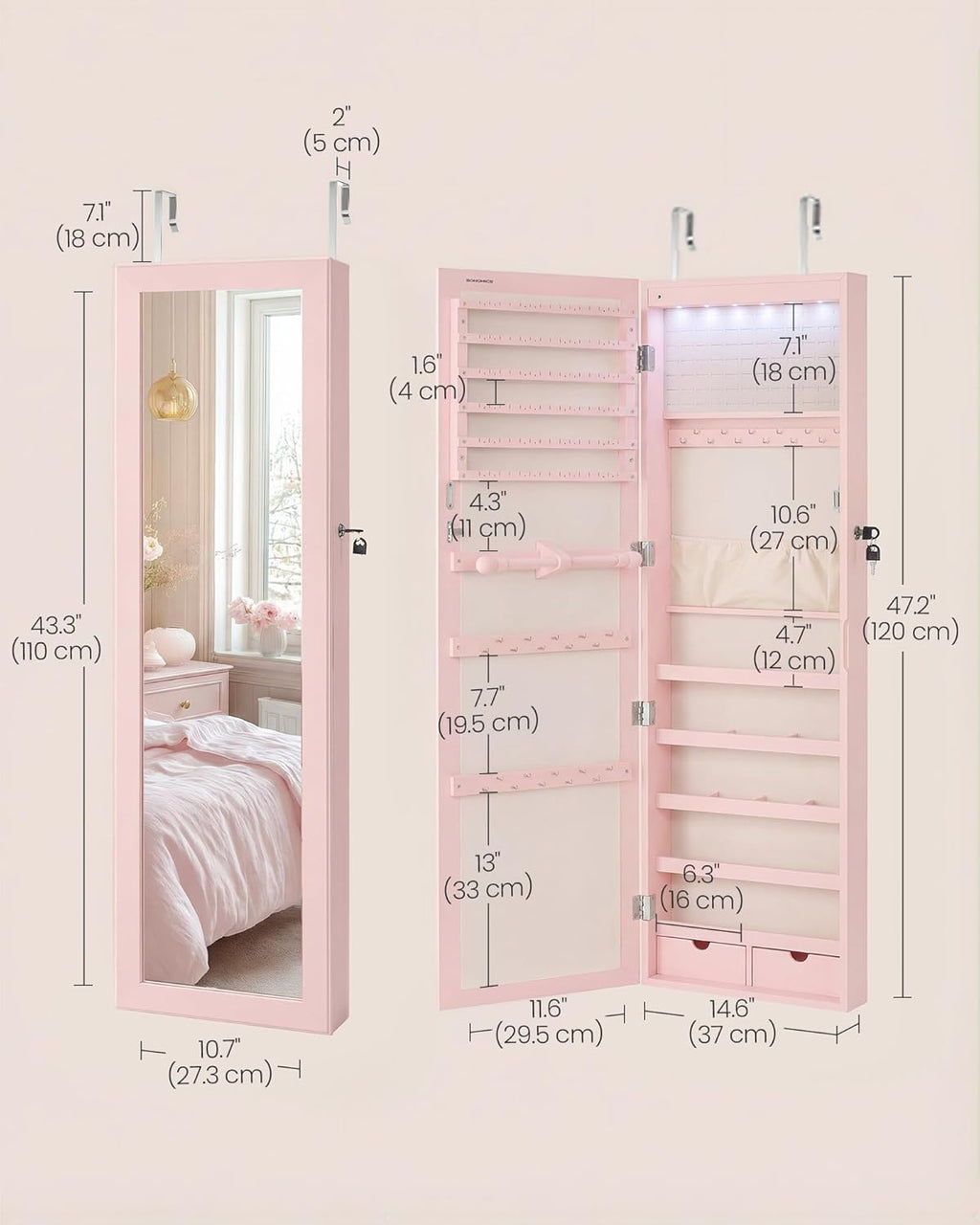 SONGMICS 6 LEDs Mirror Jewelry Cabinet, 47.2-Inch Tall Lockable Wall or Door Mounted Jewelry Armoire Organizer with Mirror, 2 Drawers, 3.9 x 14.6 x 47.2 Inches, Jelly Pink UJJC093SA02S