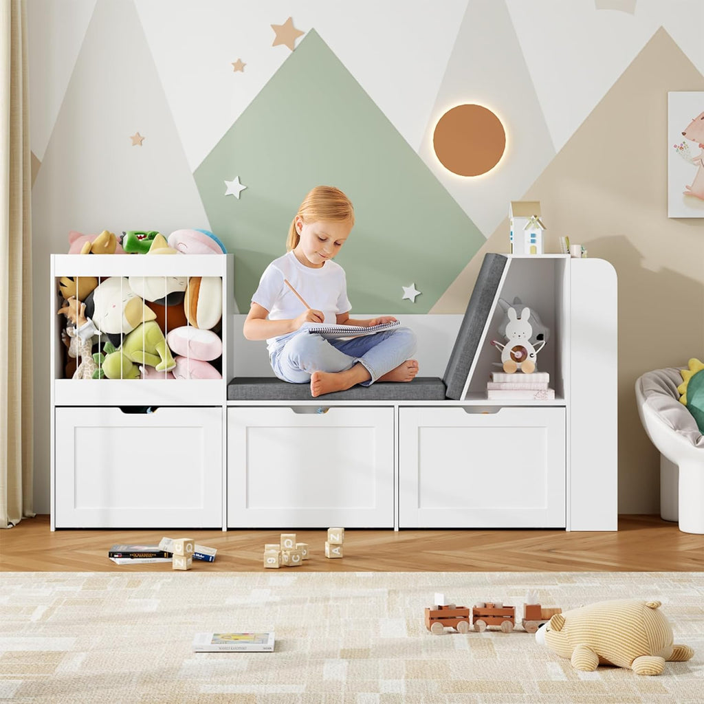 66.9" Kids Reading Nook, Toy Storage Organizer with Stuffed Animal Storage, Bench and Removable Cushions, Wooden Toddler Bookshelf with 3 Movable Drawers for Nursery, Playroom (White)