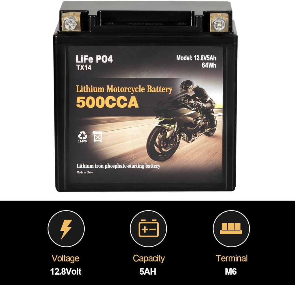 Autocessking YTX14-BS Lithium Motorcycle Battery, Group 14, 500A LiFePO4 Battery, 12V 5AH ATV, UTV, Jet Ski, 4 Wheeler, Snowmobile, Personal Watercraft, Seadoo, Polaris, Riding Lawn Mower Batteries