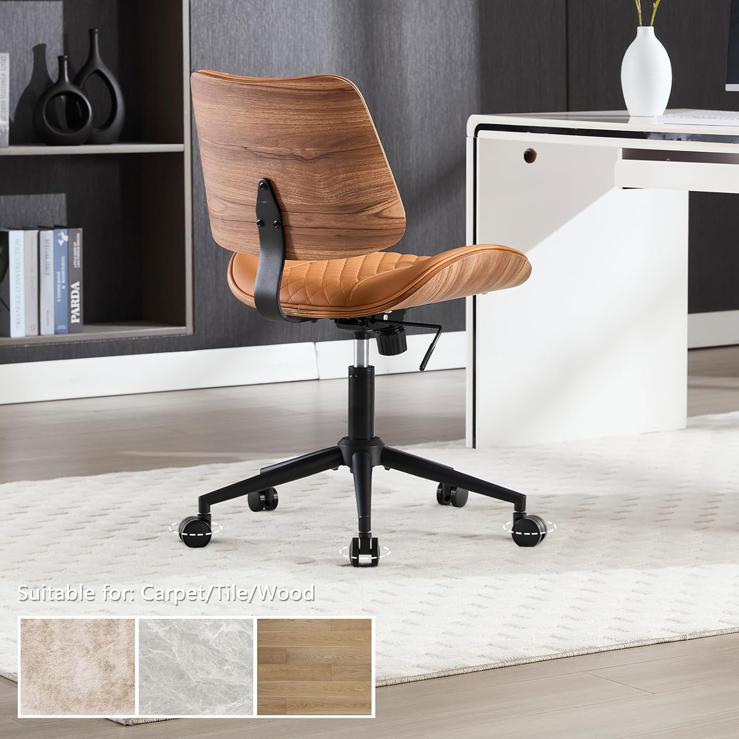Home Office Chair No Arms with Wheels, Adjustable Height PU Leather Mid Back, 360 Swivel Computer Small Desk Chair, Armless Modern Walnut Style for Office, Reading Meeting Room(Brown)