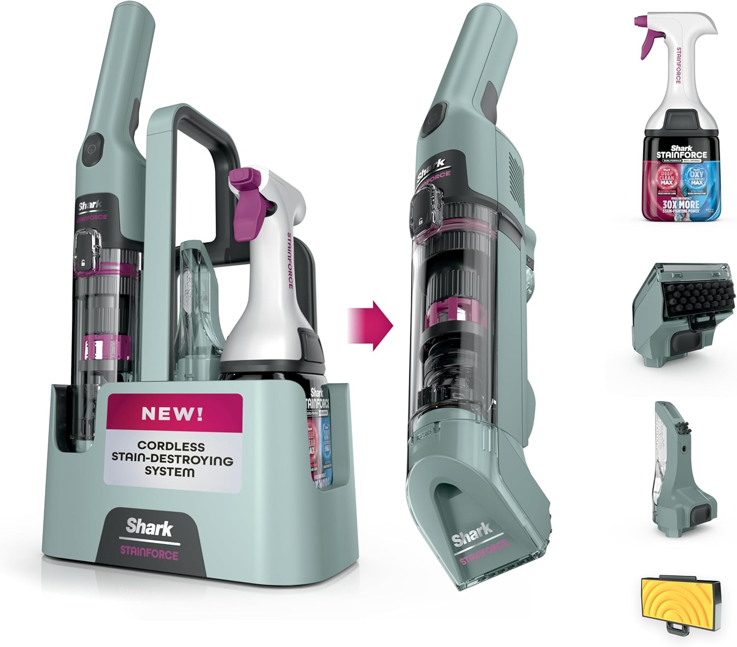 Shark StainForce Cordless Portable Spot, Stain, & Odor Remover System for Carpets, Area Rugs, Upholstery, Stairs, with Storage Caddy, Accessories, and Full-Size Cleaning Solution, HX101 (New)