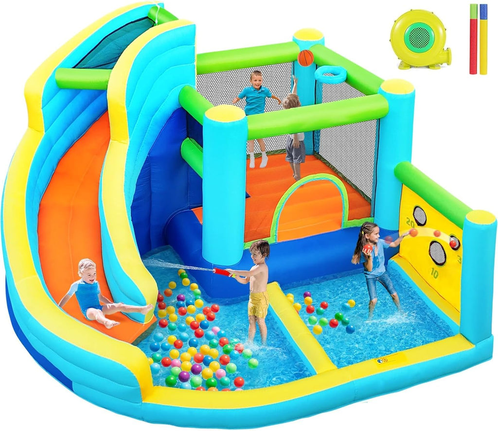 FBSPORT Inflatable Bounce House, Water Slide Park Slide Bouncer with Ball Shooting, Climbing Wall, Jumping and Splash Pool, Kids Bouncy Castle with 450W Air Blower for Outdoor Backyard