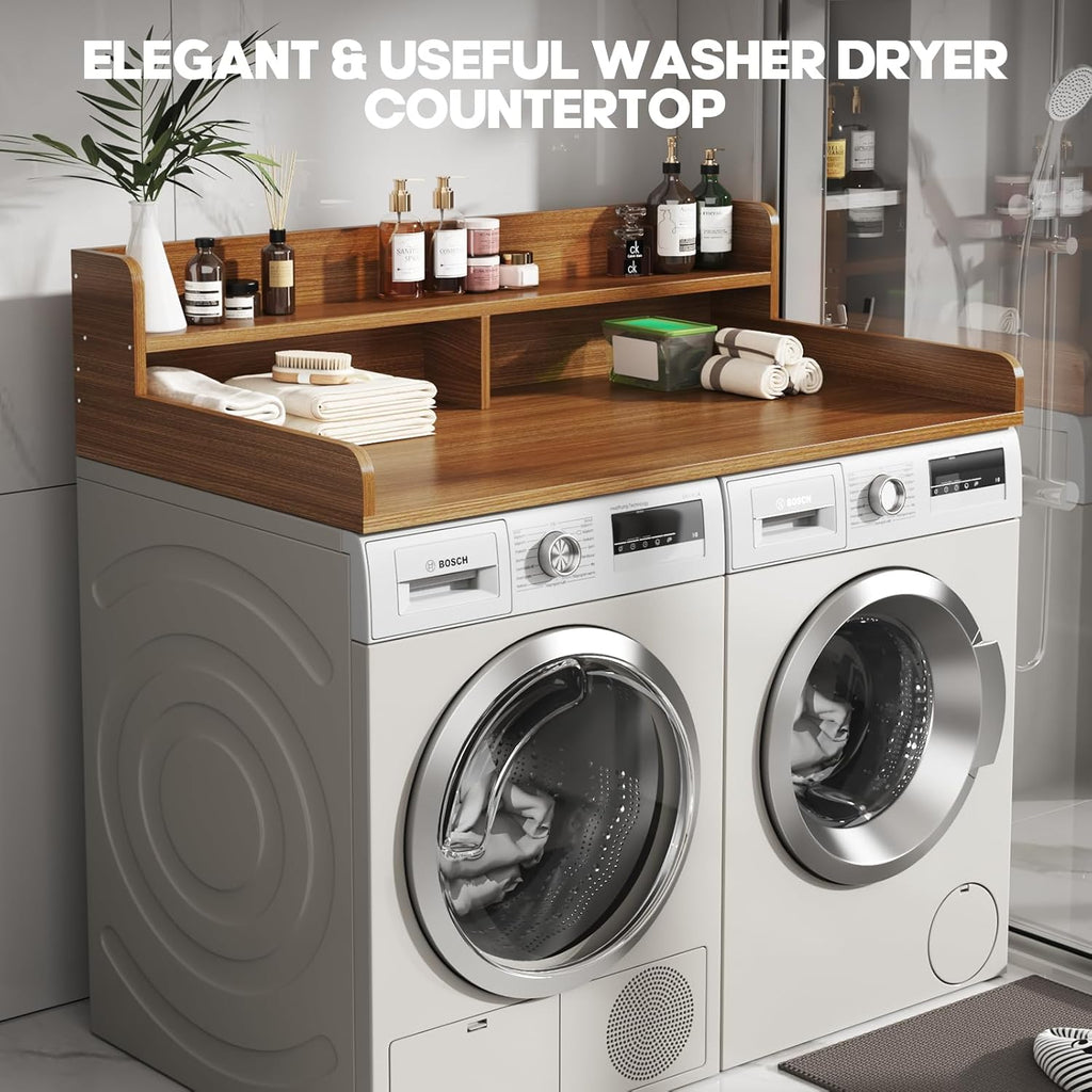 2-Tier Washer and Dryer Countertop with 2.75" H Guard,54" W x 27.5" D Laundry Countertop Cover with Non-Slip Pad,Large Space Laundry Topper for Folding Clothes Over Washer and Dryer-Brown