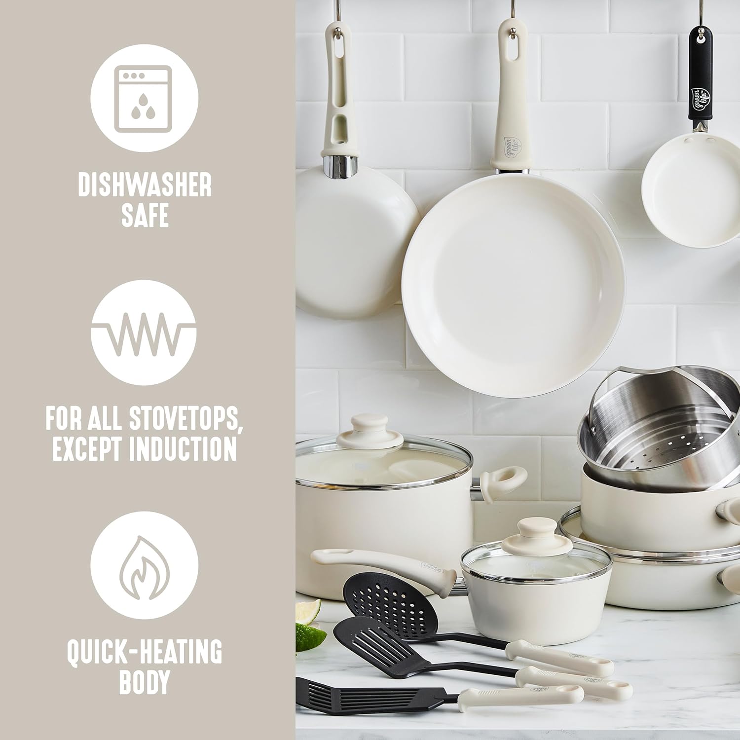 GreenLife Soft Grip 16 Piece Cookware Set, Non-Toxic PFAS-Free Ceramic Nonstick, Frying, Sauce, Saute, Utensils, Glass Lids, Stay-Cool Handles, Wobble Free, Dishwasher & Oven Safe, Cream