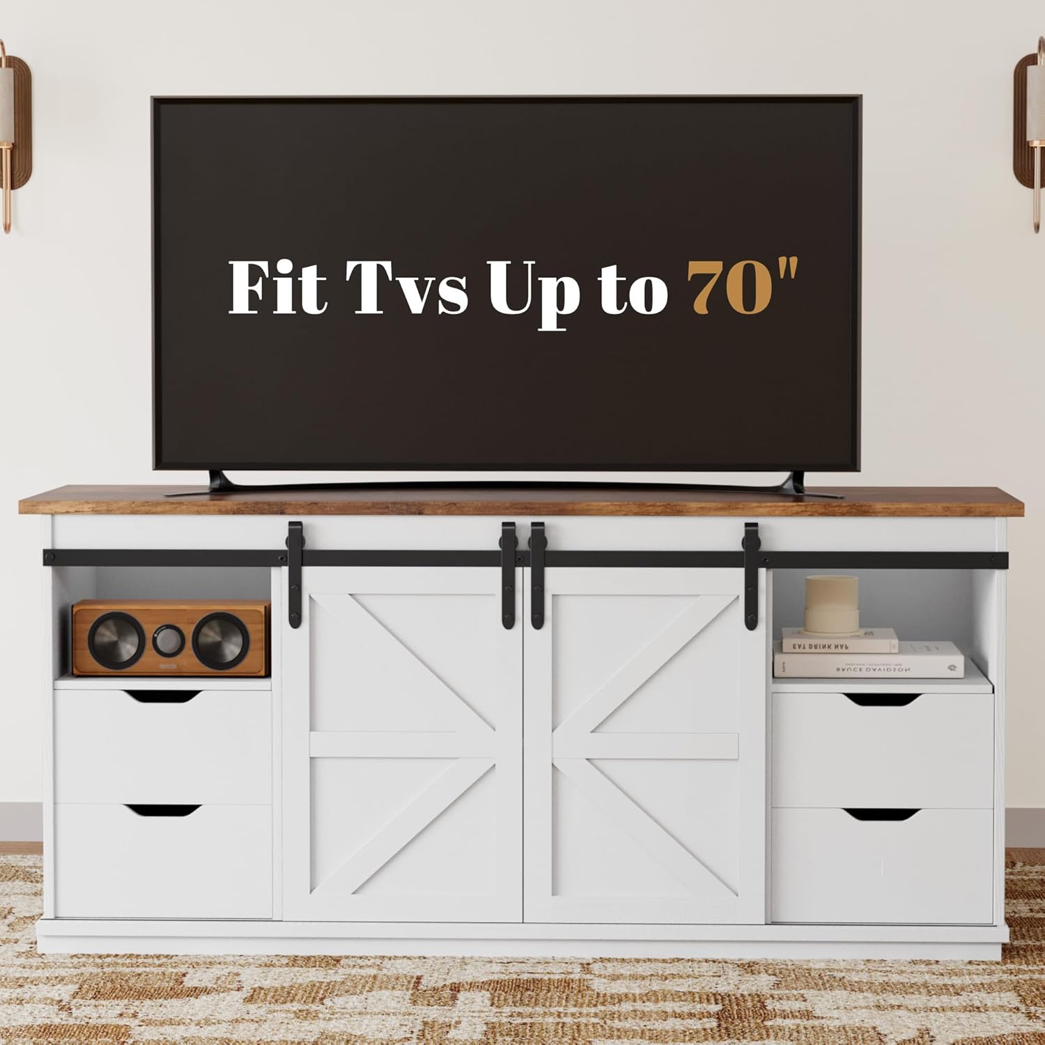 YESHOMY TV Stand for Televisions up to 65 Inchs, with Sliding Barn Doors and 4 Storage Drawers, Console Table and Media Furniture for Living Room, 58 Inch, Milk White