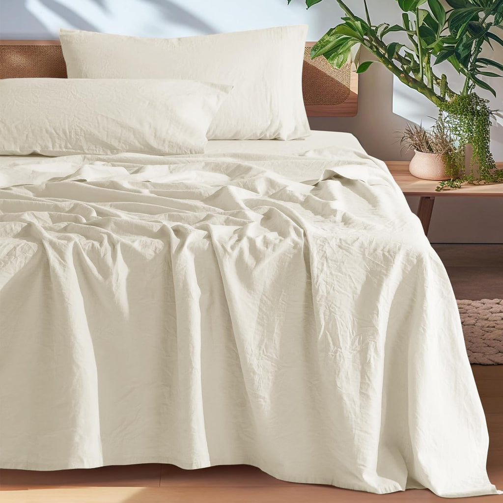 SONORO KATE 100% French Pure Linen Sheets, Breathable and Durable Linen King Size Sheets, Anti-Tear Linen Bed Sheets, Machine Washable, 16 Inch Deep Pocket - 4 Piece (Cream, King)