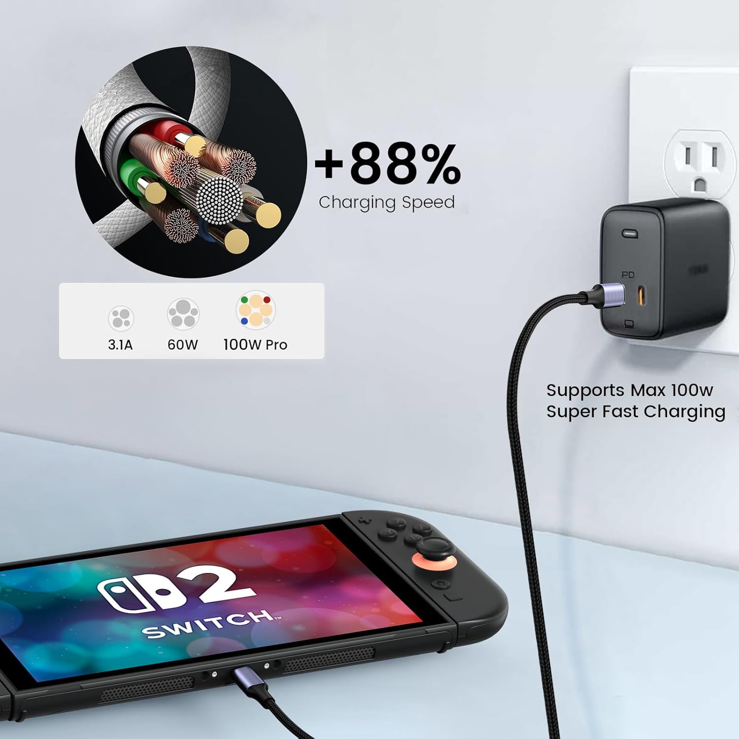 weishan 10ft 100W USB C to C Super Fast Charger Cable Compatible with Nintendo Switch 2 2025 - PD 3.0 USB Type C Braided Charging Cord 3m Long