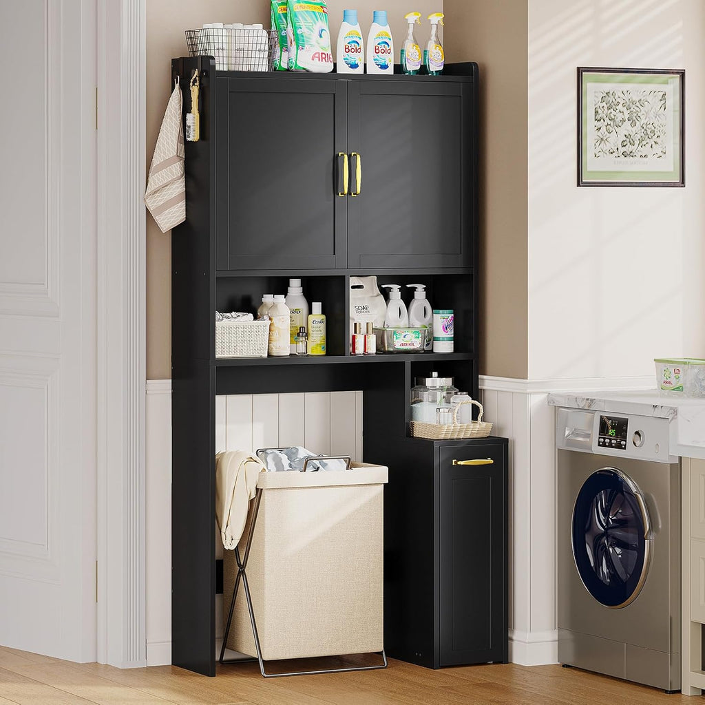 UPOSOJA Over The Toilet Storage Cabinet with Pulley Small Bathroom Storage Cabinet, Space Saver W/Adjustable Shelf & Open Shelf for Bathroom, Restroom, Laundry (Black)