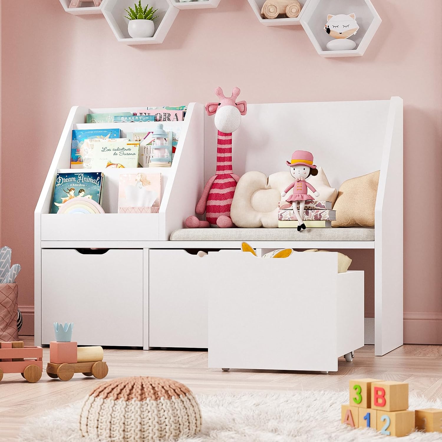 40" Kids Reading Nook with Bench, Toy Storage Organizer and Bookshelf with Seat Cushion, Kids Bookshelf with 3 Movable Drawers, Toy Storage Box on Wheels, Ideal for Nursery, Playroom, Bedroom, White