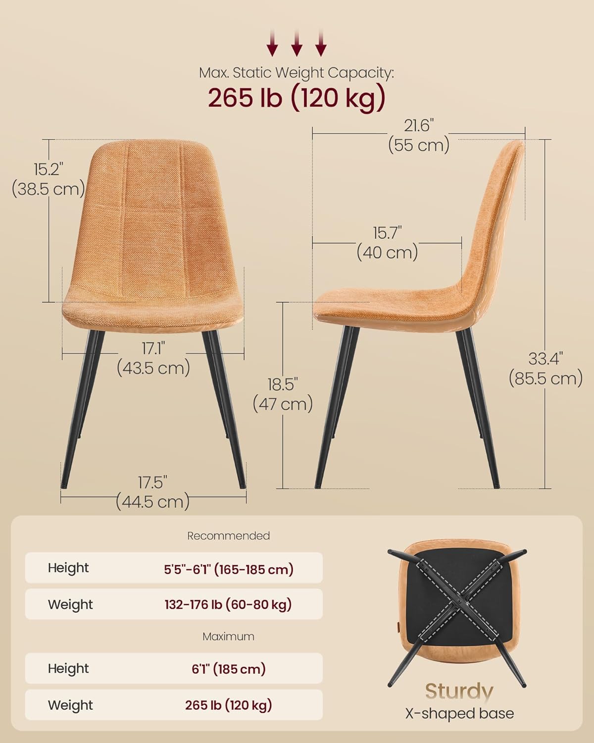 VASAGLE Dining Chairs, Set of 2 Dining Room Chairs, Metal Frame, Adjustable Feet, Easy to Clean, Glacier-Textured Synthetic Leather, for Kitchen, Caramel Brown UKDC187K01