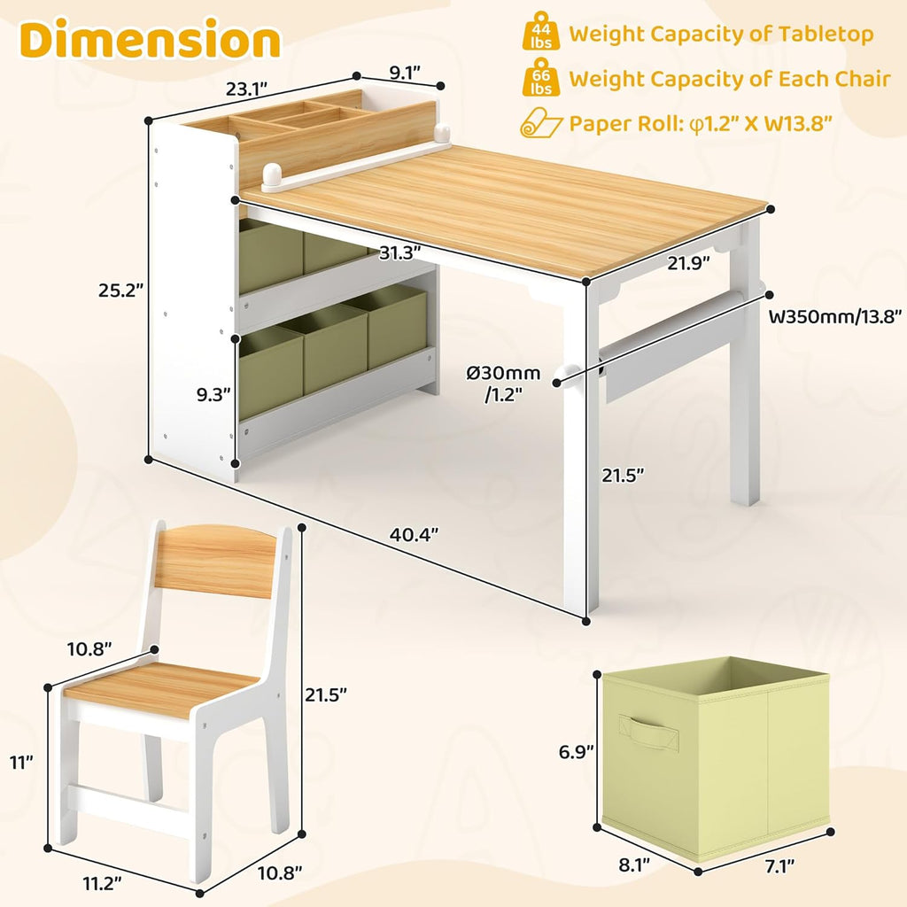 DOREROOM Kids Art Table and Chair Set, Craft and Play Wood Activity Table with Storage Bins and Paper Roll, Toddler Desk for Playroom/Nursery/Home, Kids Table and Chairs Set for Drawing/Learning/Read