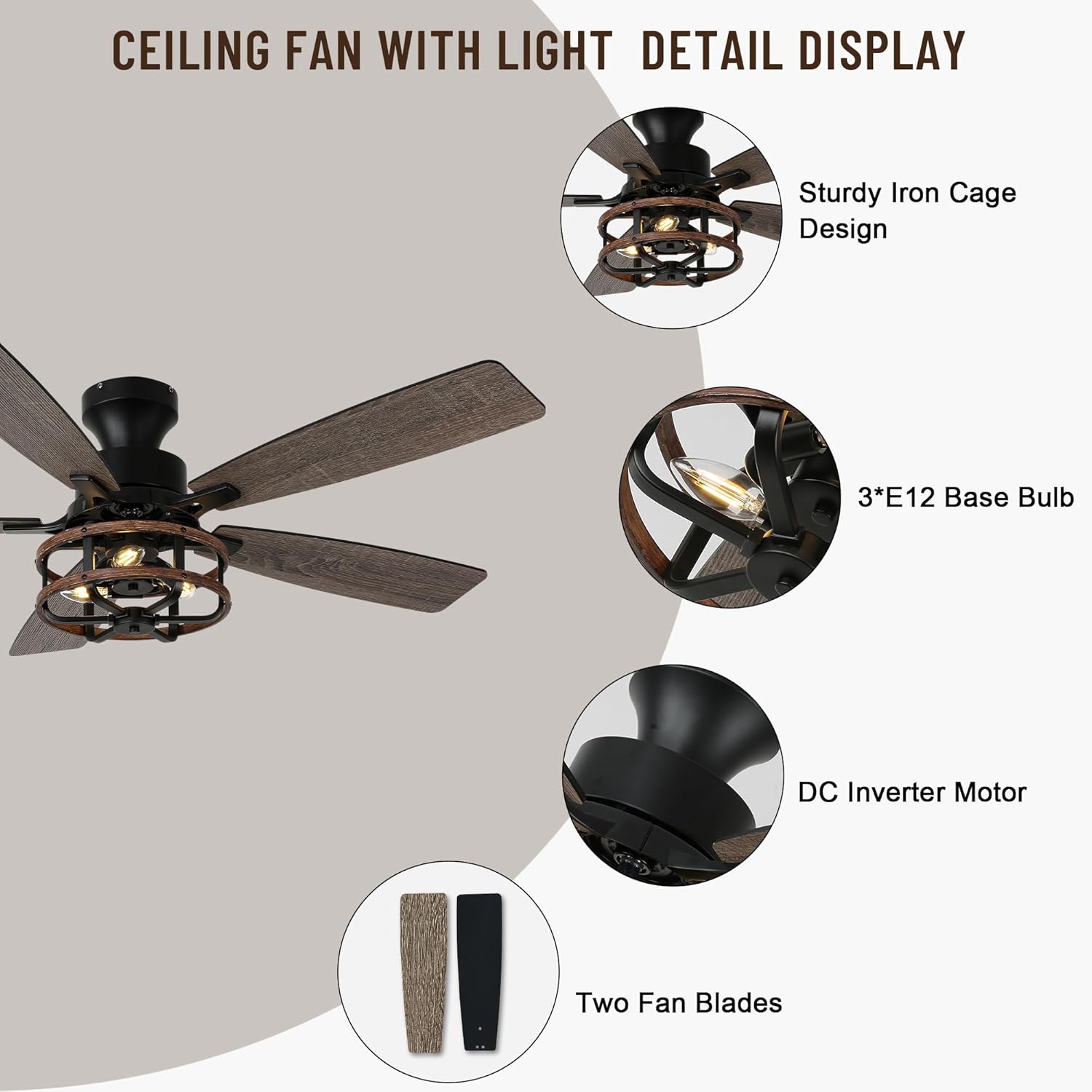 52" Farmhouse Ceiling Fans with Lights and Remote,Chandelier Ceiling Fan with 5 Double Colour Blades Reversible DC Motor,Rustic Caged Ceiling Fan for Living Room,Dining Room,Bedroom