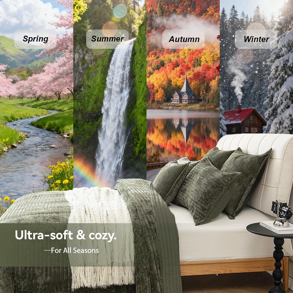 Velvet Oversized King Size Quilt Set 120x128 Soft Striped Bed Cover Set All Seasons Cozy Breathable Bedspread Includes 2 Pillowcases 20×36,Army Green
