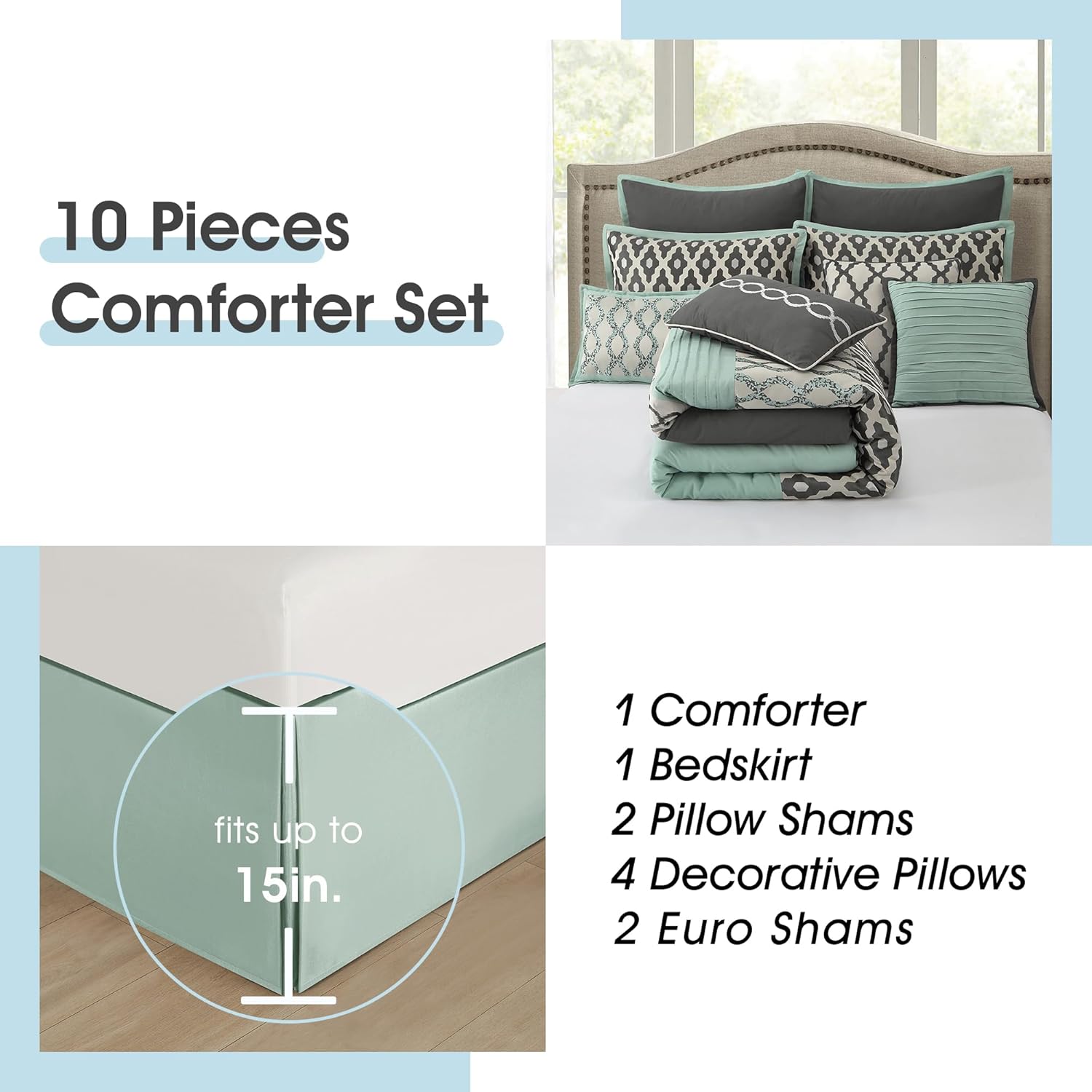 LANCO MODERN LIFESTYLE King Size Comforter Set, Blue Grey, 10 Piece Bed in a Bag for All Seasons, Luxury Extreme Comfort Bedding Sets with Bedskirt, Pillow Shams, Euro Shams and Decor Pillows