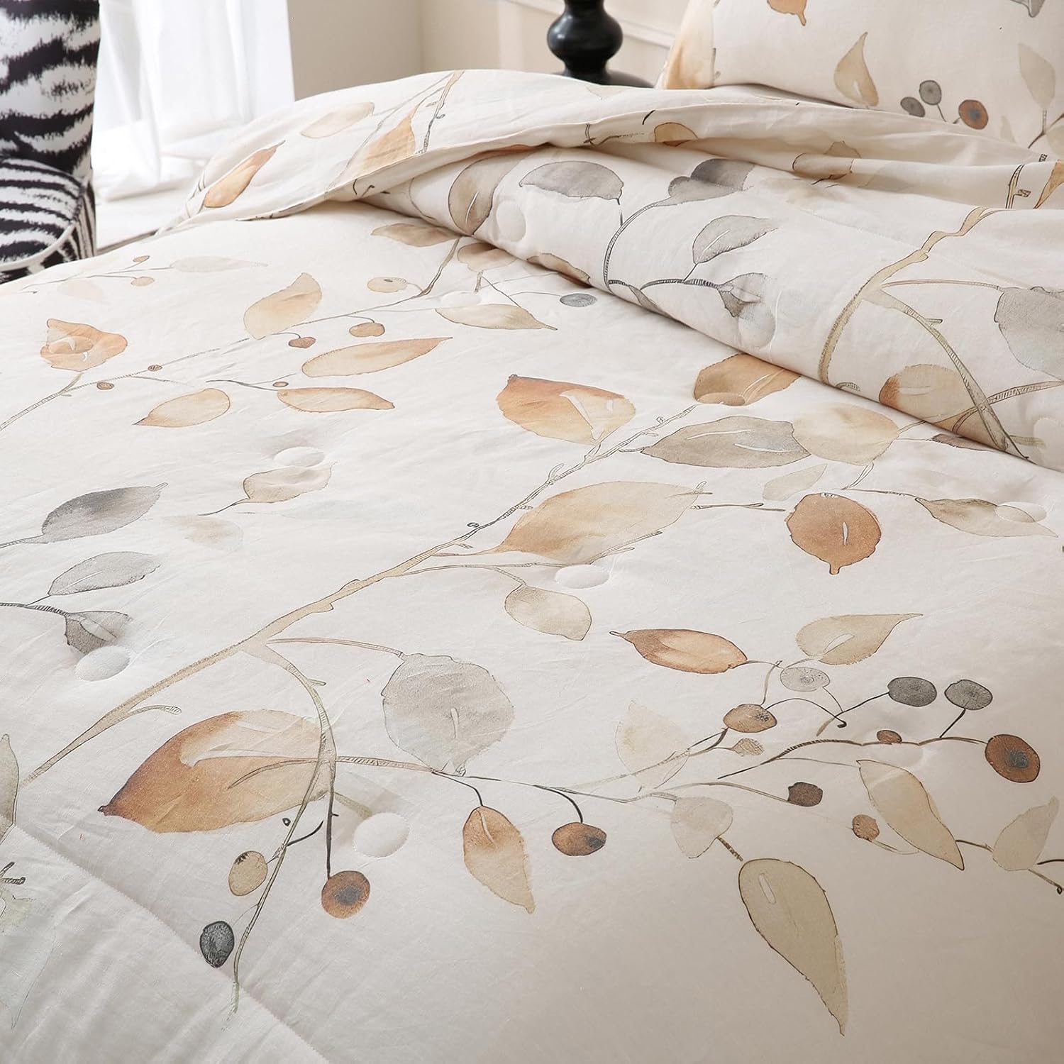 Merryword Linen Leaves Comforter Set Queen Size 3 Pieces Natural French Flax Linen Bedding Soft Breathable Moisture Wicking Comfy