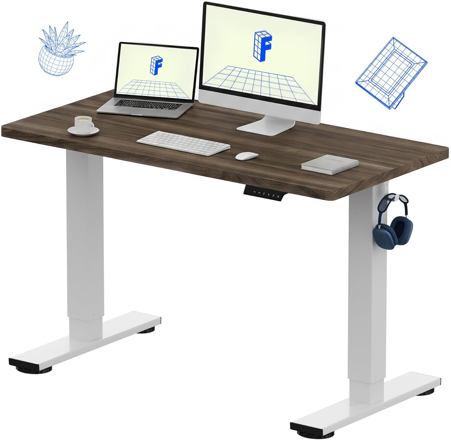FLEXISPOT EN1 One-Piece Standing Desk with 1-Inch Thick Seamless Desktop, 48"x24" Electric Height Adjustable Desk for Home Office, Multi-Monitor Setups & Easy Assembly, Black Walnut