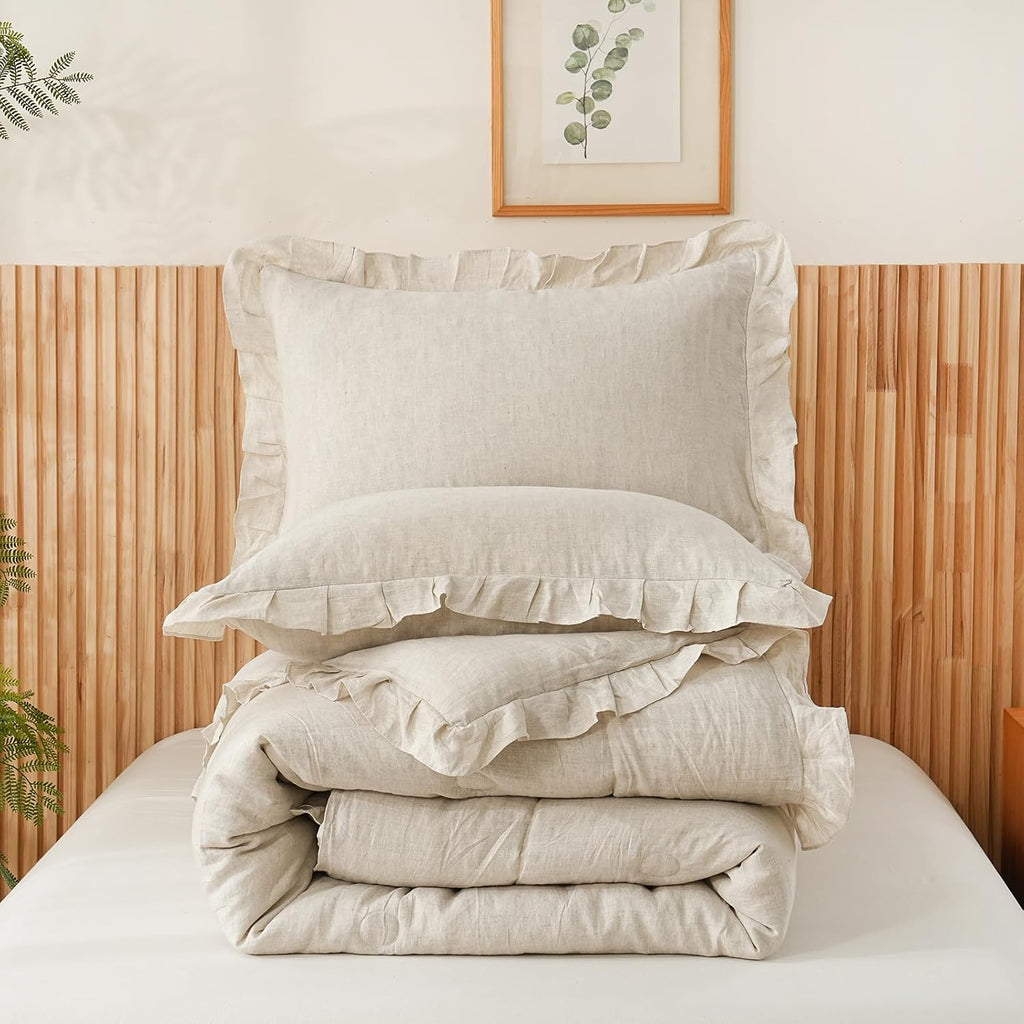 Merryword Linen Ruffled Comforter Set Queen Size 3 Pieces Natural French Flax Linen Bedding Shabby Chic Farmhouse Comforter Soft Breathable Moisture Wicking Bedding Set