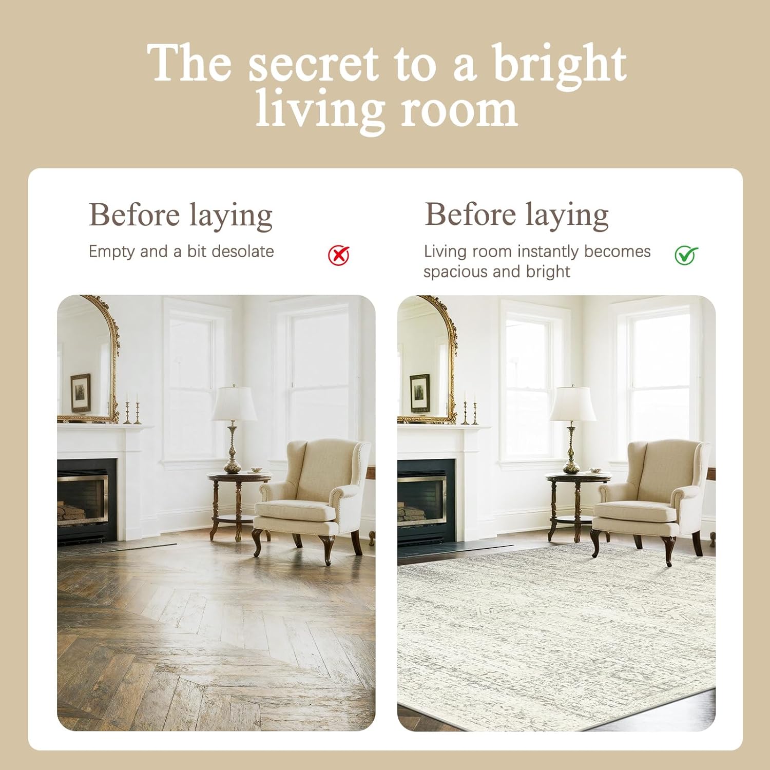Srugn Washable Rugs 9x12 Area Rugs for Living Room,Bedroom,Dining Room- Large Ultra Soft Faux Wool Retro Carpets,Non Slip&Non-Shedding Low Pile Vintage Print Rug for Home Office Decor- Beige