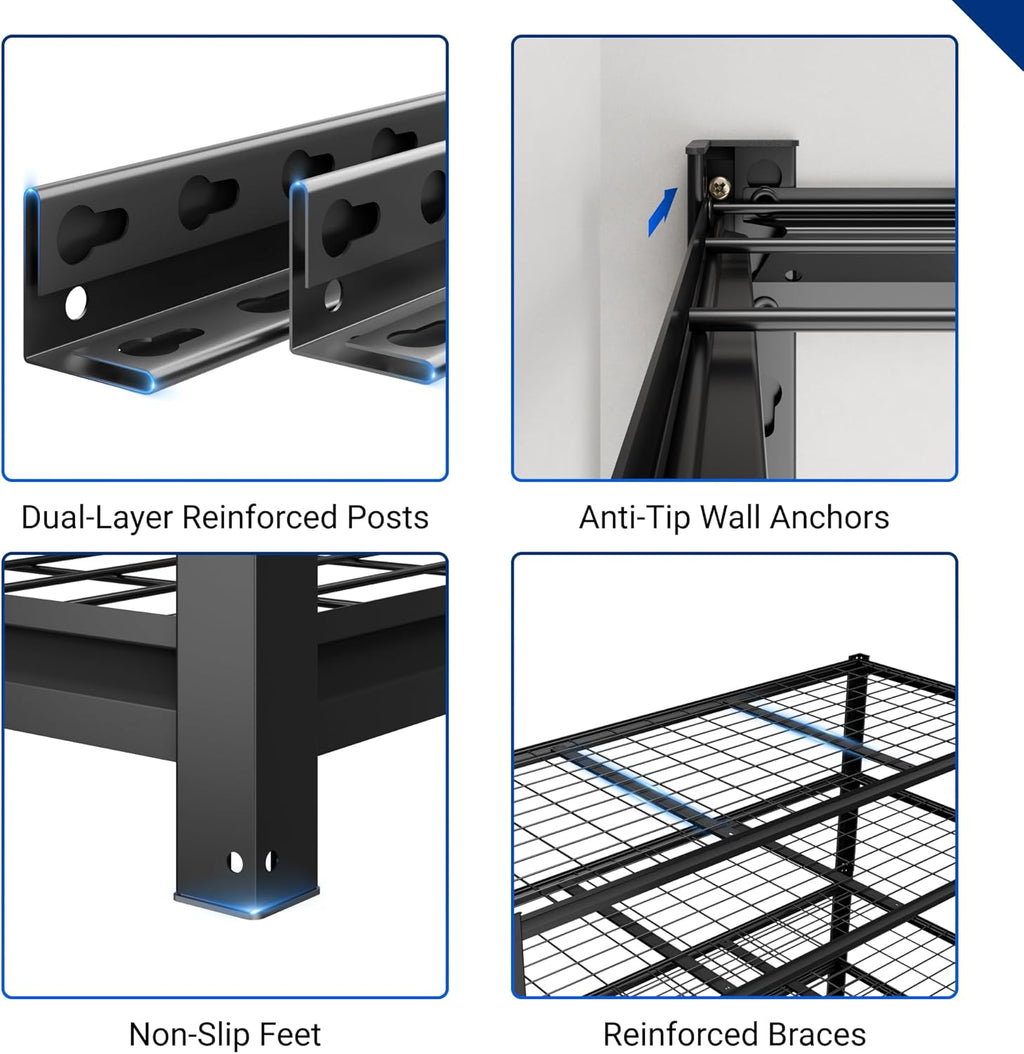 FLEXIMOUNTS 60" W Garage Shelving, 5 Tier Storage Shelves Load 1500LBS, Adjustable Garage Shelving Heavy Duty, Metal Shelves Unit for Basement, Warehouse, 60" W x 72" H x 24" D, Black